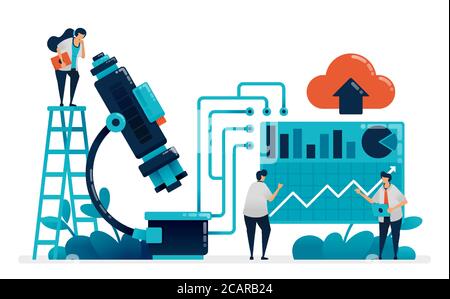 Ärzte und Wissenschaftler forschen mit dem Mikroskop. Analyse der statistischen Laborergebnisse im Krankenhaus und in der Klinik. Chemie, Physik, Biologie lernen. Abb. Stock Vektor