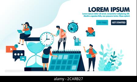 Organisieren Sie Zeitpläne und Pläne im Kalender. Riesige Sanduhr mit Erinnerungsalarm. Zeitmanagement für die persönliche Arbeit. Flache Vektorgrafik für lan Stock Vektor