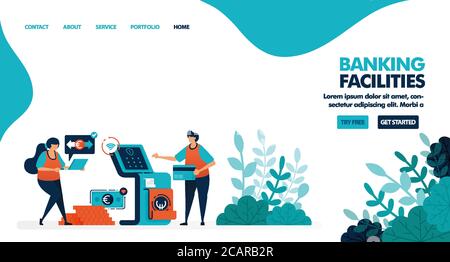 Bankdienstleistungen. Geldautomat oder geldautomat. Einzahlung, Überweisung und Abheben von Bargeld. Flache Vektorgrafik für Landing Page Stock Vektor