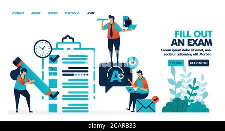 Füllen Sie das Testblatt mit einem Häkchen und Kreuz aus. Holen Sie sich eine A+-Prüfung oder einen Kurstest. Überprüfen Sie die Untersuchungsergebnisse. Flache Vektorgrafik für Landing Page, Stock Vektor