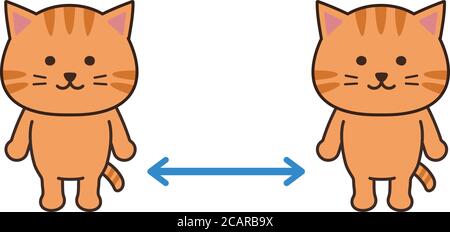 Katzencharakter pflegen soziale Distanzierung, um die Ausbreitung von Viren und Grippe-Prävention zu verhindern. Isoliert auf weißem Hintergrund. Stock Vektor