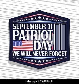 Vektor-Logo für Patriot Day, blaue dekorative Stempel mit Abbildung des Welthandelszentrums, amerikanische Flagge, einzigartige Beschriftung für Worte september 11, pa Stock Vektor