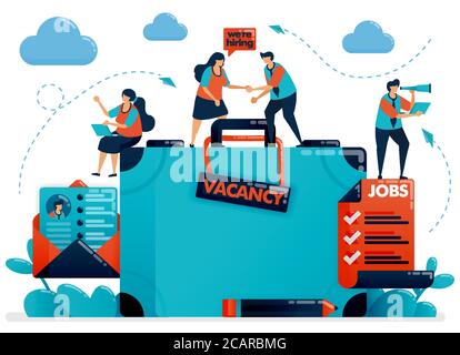 Gestaltung der Personalbeschaffung. Offene Stelle. Wir stellen Mitarbeiter ein. Designvorlage für offene Stellen öffnen. Aktenkoffer und Lebenslauf per E-Mail. Karriere. Vektorillust Stock Vektor