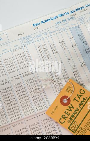 Pan American World Airways Crew Time Sheet, 1970er, USA Stockfoto
