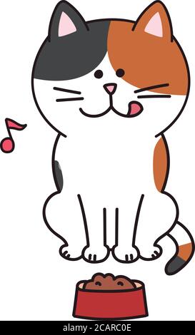 Calico Katze bewegt sich glücklich über Nahrung zu essen. Vektorgrafik isoliert auf weißem Hintergrund. Stock Vektor