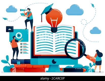 Digitale Bibliothek, um Ideen, Inspiration und Lösungen zu erhalten. Online-Lernen für Studenten. Lesen App, Online-Bücher. Bildung von Blog.Vektor illustratio Stock Vektor