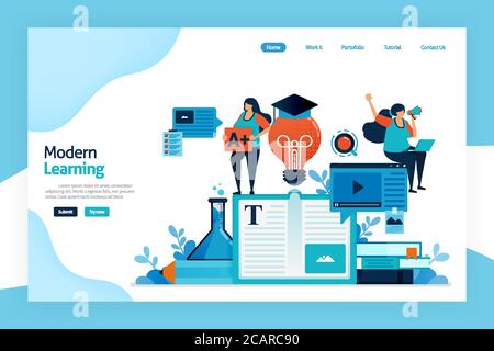 Landing Page des modernen Lernens. Bildungsprozess zum Erwerb von Ideen, Ändern von Wissen, Verhaltensweisen, Fähigkeiten, Werte, Alphabetisierung, Präferenzen mit tec Stock Vektor