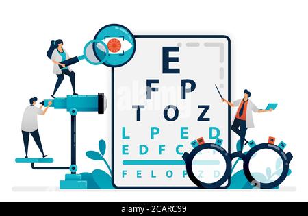 Arzt prüft Patienten Augen Gesundheit mit snellen Chart, Brille für Augenerkrankungen. Augenklinik oder optische Brillen speichern. Optiker professionell. Illustration Stock Vektor