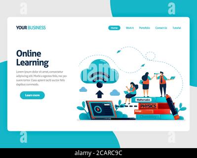 Online-Lernen oder E-Learning mit Cloud-Internet-Datenbank. Speichern Sie Schularbeiten und Lehrbücher auf Laptops. Studieren Sie moderne Bildungstechnologie.Vektor illustrr Stock Vektor