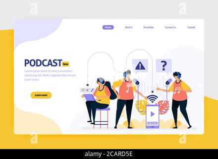 Landing Page Vektor flat Design Illustration von Podcast Rundfunk. internet-Technologie, moderne öffentliche Interview und Online-Berichterstattung mit Audio. Fo Stock Vektor