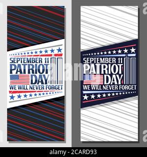 Vektor-Layouts für Patriot Day, dekorative Karte mit Darstellung des Welthandelszentrums, amerikanische Flagge, einzigartige Beschriftung für Worte september 11, patri Stock Vektor