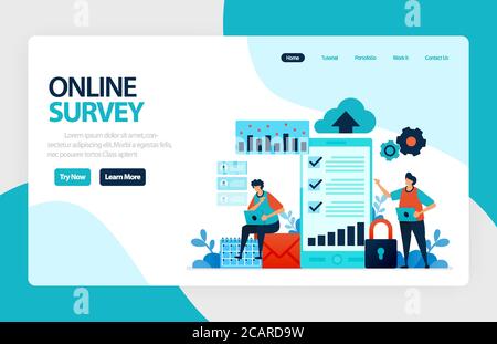 Online-Umfrage zur Landing Page. Zufriedenheit Feedback, Überprüfung Formular-Service, Prüfungen Entscheidungen Flat Charakter für Lernen und Umfrage Berater. Für Banner, Stock Vektor