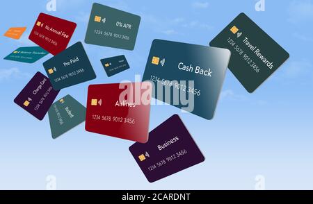 Zwölf Arten von Kreditkarten. Alle sind blau mit EMV-Chip und ein Tap-to-Pay-Symbol. Typen: Cashback, Reise, keine Gebühr, Fluggesellschaft, Hotel, 0%APR, Saldo trans Stockfoto