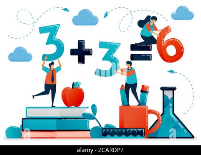 Bildung für Kinder. Mathematische Lektion zum Zählen und Zahlen. Kinder lernen in der Schule. Kindergarten. Vektorgrafik für flache Zeichen Stock Vektor