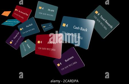 Zwölf Arten von Kreditkarten. Alle sind blau mit EMV-Chip und ein Tap-to-Pay-Symbol. Typen: Cashback, Reise, keine Gebühr, Fluggesellschaft, Hotel, 0%APR, Saldo trans Stockfoto