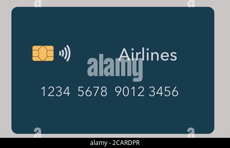 Eine Airline-Kreditkarte wird isoliert auf einem hellen Hintergrund gesehen. Es ist eine verspottete oder generische Karte. Es ist ein etwa ein Dutzend verschiedene Arten von Kreditkarten ein Stockfoto
