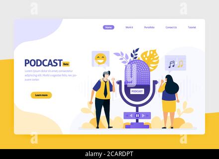 Landing Page Vektor flat Design Illustration von Podcast Rundfunk. internet-Technologie, moderne öffentliche Interview und Online-Berichterstattung mit Audio. Fo Stock Vektor