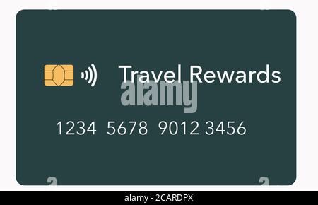 Eine Reiseprämien-Kreditkarte ist isoliert auf einem hellen Hintergrund zu sehen. Es ist eine verspottete oder generische Karte. Es ist ein etwa ein Dutzend verschiedener Arten von Krediten Stockfoto