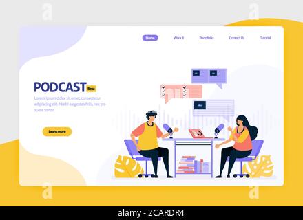 Landing Page Vektor flat Design Illustration von Podcast Rundfunk. internet-Technologie, moderne öffentliche Interview und Online-Berichterstattung mit Audio. Fo Stock Vektor