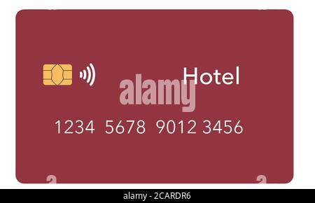Eine Hotelkreditkarte ist isoliert auf einem hellen Hintergrund zu sehen. Es ist eine verspottete oder generische Karte. Es ist ein etwa ein Dutzend verschiedene Arten von Kreditkarten avai Stockfoto