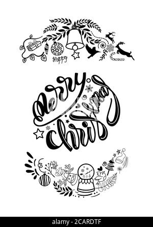Frohe Weihnachten handgezeichnete Schrift mit Ornamenten Doodle zur Dekoration auf weißem Hintergrund. vektor-Illustration Stock Vektor
