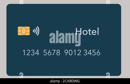 Eine Hotelkreditkarte ist isoliert auf einem hellen Hintergrund zu sehen. Es ist eine verspottete oder generische Karte. Es ist ein etwa ein Dutzend verschiedene Arten von Kreditkarten avai Stockfoto