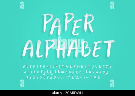 Weißbuch-Alphabet. Fliegende 3D-Vektor-Schriftart, realistisches Papier ausgeschnitten Stil. Groß- und Kleinbuchstaben, Zahlen, Satzzeichen und Symbole. Stock Vektor