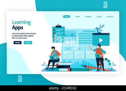 Abbildung der Landing Page für Learning Apps. Bildungsprozess des Lernens von Wissen, Fähigkeiten, Werten, Überzeugungen und Gewohnheiten. Digitale Technologie in t Stock Vektor