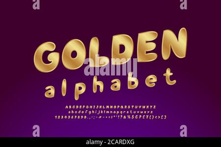 Goldenes Alphabet. Elegante Vektorschriftart, Groß- und Kleinbuchstaben, Zahlen, Satzzeichen, Währungssymbole. Dunkelvioletter Verlaufshintergrund. Stock Vektor