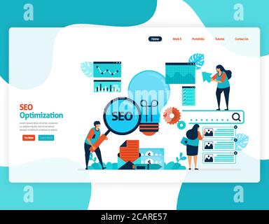 vector Illustration Website für Marketing-Optimierung mit SEO. Online-Werbung mit Keywords in Suchmaschinen für Zielmarkt, Anzeigen Dienstleistungen, s Stock Vektor