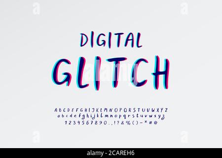 Digitales Glitch-Alphabet. Handgezeichnete Vektorschrift mit Stereo-Farbeffekt. Groß- und Kleinbuchstaben, Zahlen, Marken. Abstrakte Schriftart fo Stock Vektor