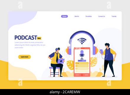 Landing Page Vektor flat Design Illustration von Podcast Rundfunk. internet-Technologie, moderne öffentliche Interview und Online-Berichterstattung mit Audio. Fo Stock Vektor