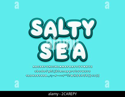 Salty Sea Alphabet 3d Schriftarten marine türkis Farben. Cool Cartoon fett Schrift, Groß-und Kleinbuchstaben, Zahlen, Symbole. Vektordarstellung Stock Vektor