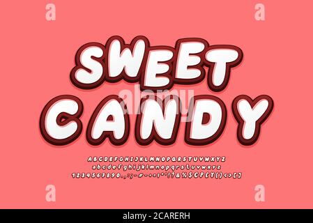 Sweet Candy Alphabet 3d Schriftarten weiß rot Farben. Fett Kursiv, Groß- und Kleinbuchstaben, Zahlen, Symbole. Vektorgrafik. Stock Vektor