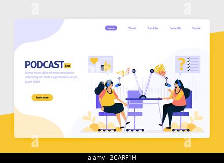Landing Page Vektor flat Design Illustration von Podcast Rundfunk. internet-Technologie, moderne öffentliche Interview und Online-Berichterstattung mit Audio. Fo Stock Vektor