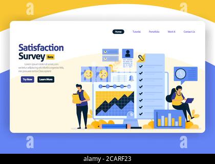 Landing Page Vektor flaches Design Illustration von Zufriedenheitsumfragen mit Emoticons für Business Service Verbesserung, durch die Analyse der Benutzergewohnheit. Für Stock Vektor