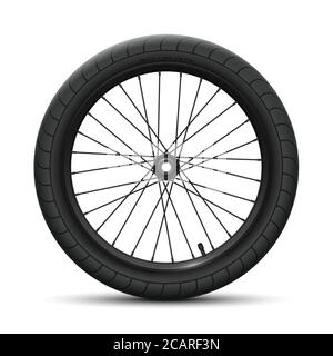 Schwarzes Vorderrad Fahrrad BMX. Sportreifen mit universellem Laufprofil und Markierungen, Felge, Speichen, Ventil und Nabe. Vektordarstellung von Fahrradteilen Stock Vektor