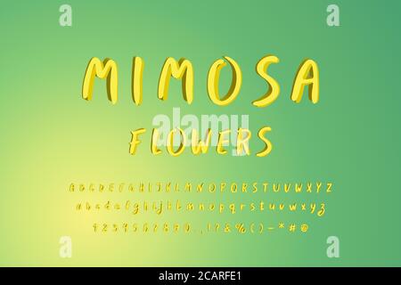 Handgezeichnetes Pinsel-Alphabet. Original 3D Vektorschriftart, gelbe Farben. Groß- und Kleinbuchstaben, Zahlen, Zeichen. Grün gelb Verlaufsfarbe b Stock Vektor