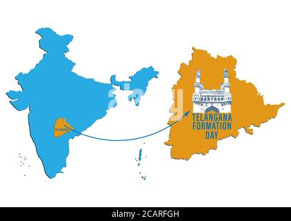 Vektor Illustration des Telangana Formationstages 2. Juni mit Karte auf indischer Karte mit charminar Stock Vektor