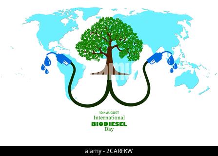 Vektor-Illustration des Internationalen Biodiesel-Tages, der am 10. August beobachtet wird. Abstrakte Darstellung eines Baumes mit Bio-Brennstoff und Weltkarte Stock Vektor