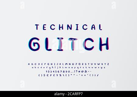 Technisches Problem Alphabet. Handgezeichnete Vektorschrift mit Stereo-Effekt. Groß- und Kleinbuchstaben, Zahlen, Marken. Abstrakte moderne Schrift, Ziffer Stock Vektor