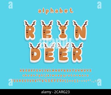 Cartoon Rentier Alphabet. Lustige Aufkleber 3D Vektor-Schrift. Großbuchstaben und Zahlen mit niedlichen Tiergesichtern. Stock Vektor