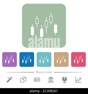 Candlestick Diagramm weiße flache Symbole auf Farbe abgerundeten quadratischen Hintergründen. 6 Bonus-Symbole enthalten Stock Vektor