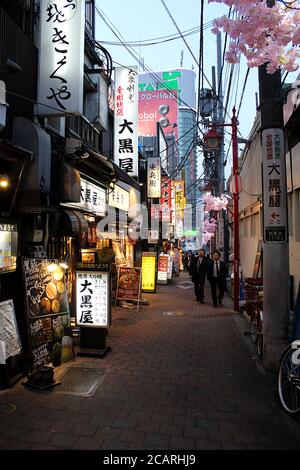 Tokio, Japan - 13. März 2018: Beleuchtete Gasse mit Bars und Izakaya (Pub für After-Work-Trinken) am Abend mit wenigen Menschen zu Fuß vorbei. Stockfoto