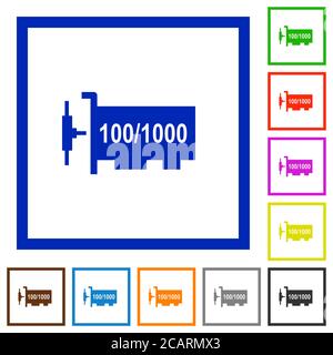Flache Farbsymbole für Gigabit ethernet-Netzwerk-Controller in quadratischen Rahmen auf weißem Hintergrund Stock Vektor