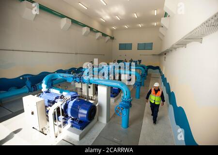 Die Basateen-Pumpstation in Zarqa, Jordanien, hat die Bewohner mit einem verstärkten Wasser- und Abwassernetz in Zarqa und der Nachbarstadt Amman unterstützt. Stockfoto