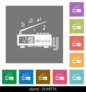 Vintage-Radiowecker mit Musik flache Symbole auf einfache Farbe quadratischen Hintergründen Stock Vektor