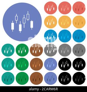 Candlestick Diagramm mehrfarbige flache Symbole auf runden Hintergründen. Im Lieferumfang enthalten sind weiße, helle und dunkle Symbolvarianten für Schwebeeffekt und aktive Statuseffekte, ein Stock Vektor