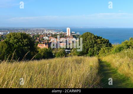 Wanderer Radfahrer Reiter reiten oder Ziel 100 Meile Route von Eastbourne nach Winchester mit Chalky Seven Sisters Cliffs und Beachy Head Stockfoto