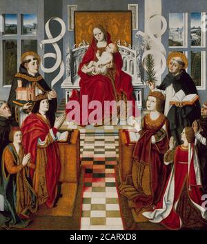 Die Jungfrau der Katholischen Könige, 1491-1493. Die Jungfrau Maria, mit dem Christkind auf dem Schoß, wird von den katholischen Königen Isabel (1451-1504) und Fernando (1452-1516), zwei ihrer Kinder (Prinzessin Joanna, Prinz John), und anderen verehrt. Auf der rechten Seite des Gemäldes, das die Königin begleitet, befindet sich der heilige Dominikus (1170-1221), eine der Töchter der Königin und eine knieende männliche Figur ohne Heiligenschein. Das Schwert auf seiner Brust impliziert das Martyrium, und er wurde mit Pedro de Arbues, dem Inquisitor von Aragon, verbunden, der 1485 ermordet wurde. Links, hinter dem König, St. Thomas, Prinz Stockfoto